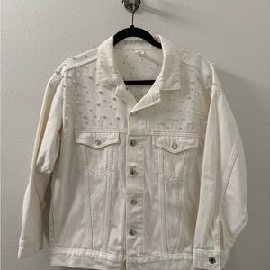 H&M White Denim Oversized Jacket With Pearls Detail